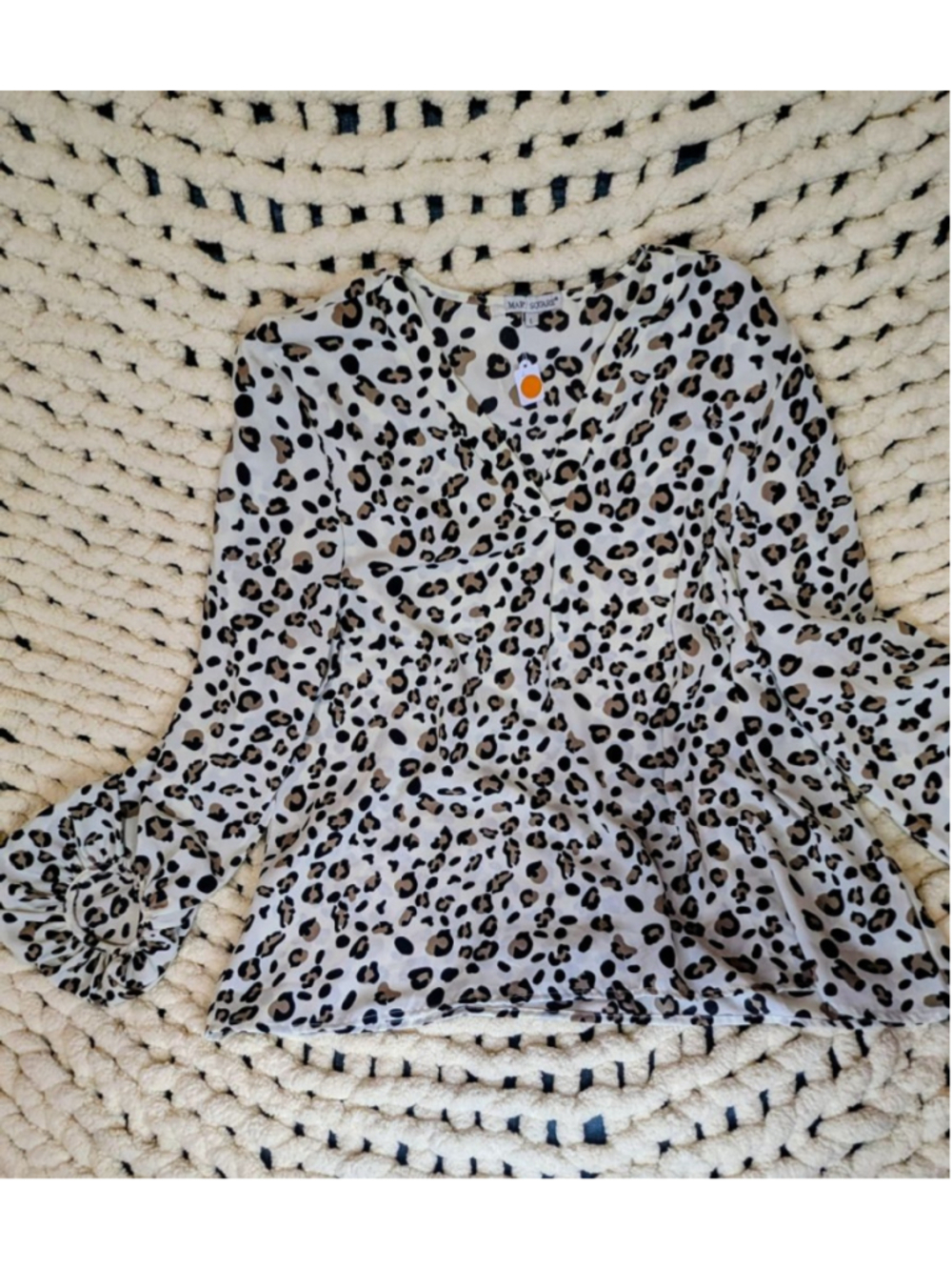 Mary Square Leopard Print Babydoll Blouse Women's Large Bell Sleeve Peplum Top